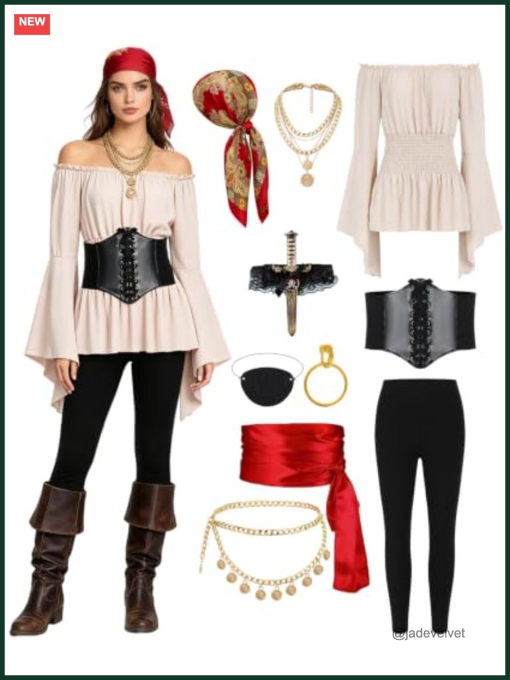 Women Pirate Costume 10pc Set Halloween Cosplay Corset Shirt Pants